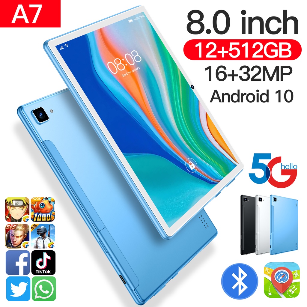 【Baru】Asli Terbaru Tablets PC A7 12GB + 512GB Tablet Android 8.0 Inci Layar Besar Full Screen Wifi 5G Dual Sim Untuk Anak Belajar