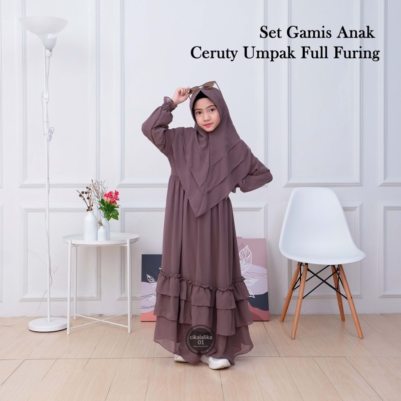 Gamis Anak perempuan Set Hijab Bahan Ceruty Babydoll polos