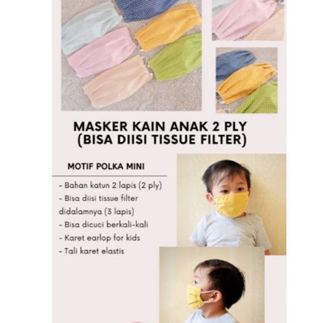 MASKER ANAK KAIN KATUN ANAK 2 PLY EARLOP (Bisa diisi tisue DIDALAMNYA)