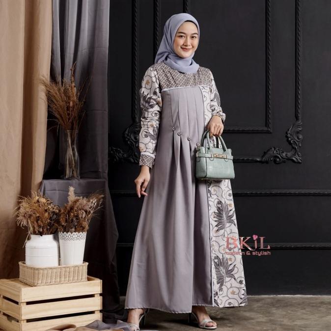 Baju batik Couple Sarimbit Gamis Soft Motif Bunga Abu Kombinasi Modern