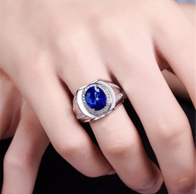 Cincin King Safir Ring Perak Mewah Elegan Simple Minimalis Blue Saphire