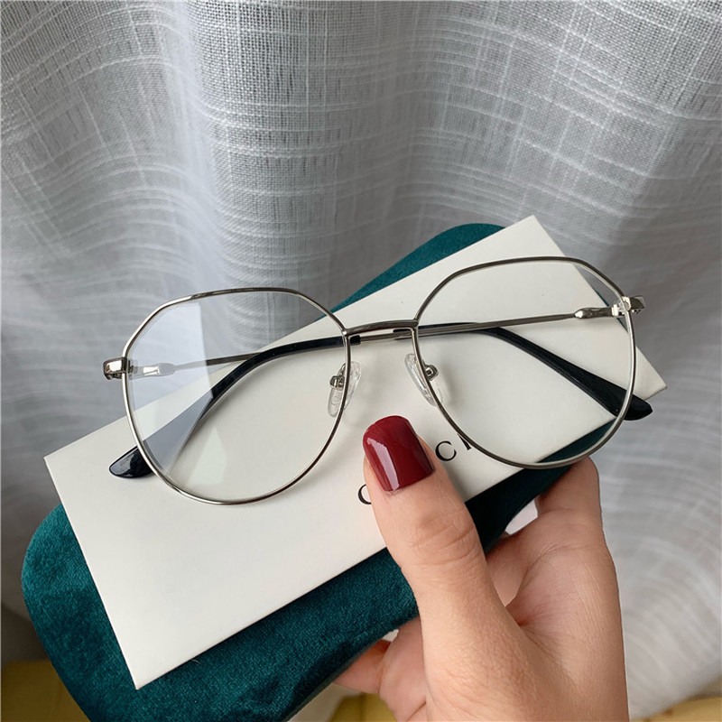 Papaozhu Fancy Silver Metal Round Eyeglasses Untuk Pria Wanita Chic Blue Light Blocking Lens Glasses Casual Eyewear OOTD Ornaments