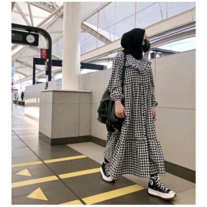 LONGDRESS KOTAK V SUSUN DAINY Midi Dress Gamis Baju Wanita Muslim Casual Kuliah Hangout Jalan-jalan 
