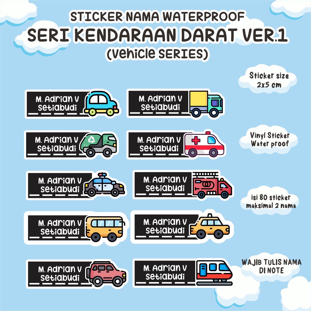 

STICKER NAMA ANAK VERSI KENDARAAN DARAT WATERPROOF 80 PCS