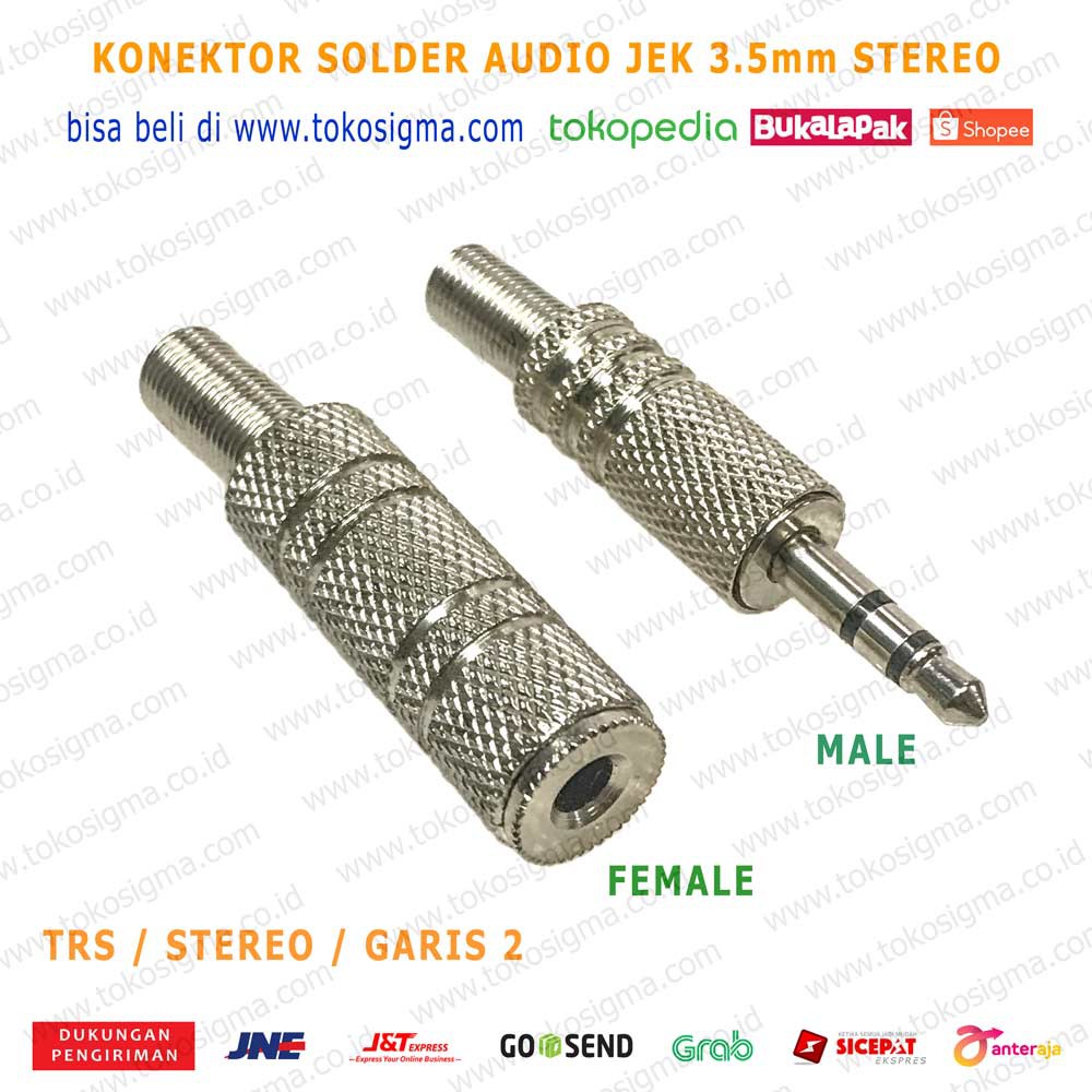 KONEKTOR AUDIO 3.5mm STEREO 3 POLE GARIS 2 jek Solder RAKIT SILVER M F