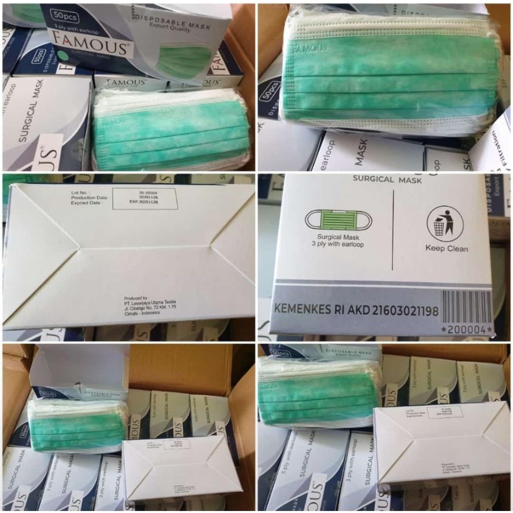 FAMOUS 3PLY SURGICAL MASK - MASKER MEDIS FAMOUS BEDAH 3PLY EMBOS KEMENKES RI Akd BOX ISI 50 PCS - HIJAU GREEN