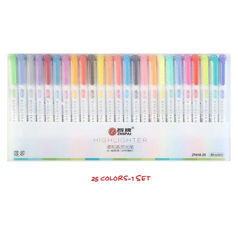 25 Pcs / Set Pena Highlighter Fluorescent Kepala Ganda Untuk Alat Tulis Notebook