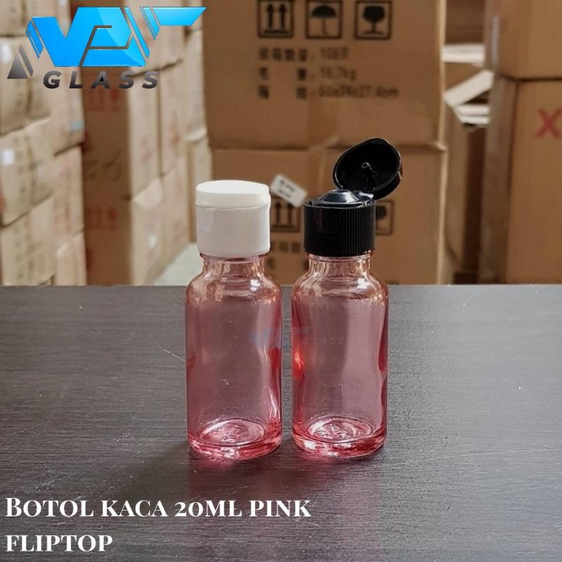 botol kaca 20ml tebal pink bening tutup fliptop