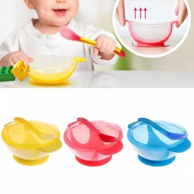 Mangkuk balita anti tumpah sensor panas / baby suction bowl set heat / mangkok bayi anti tumpah