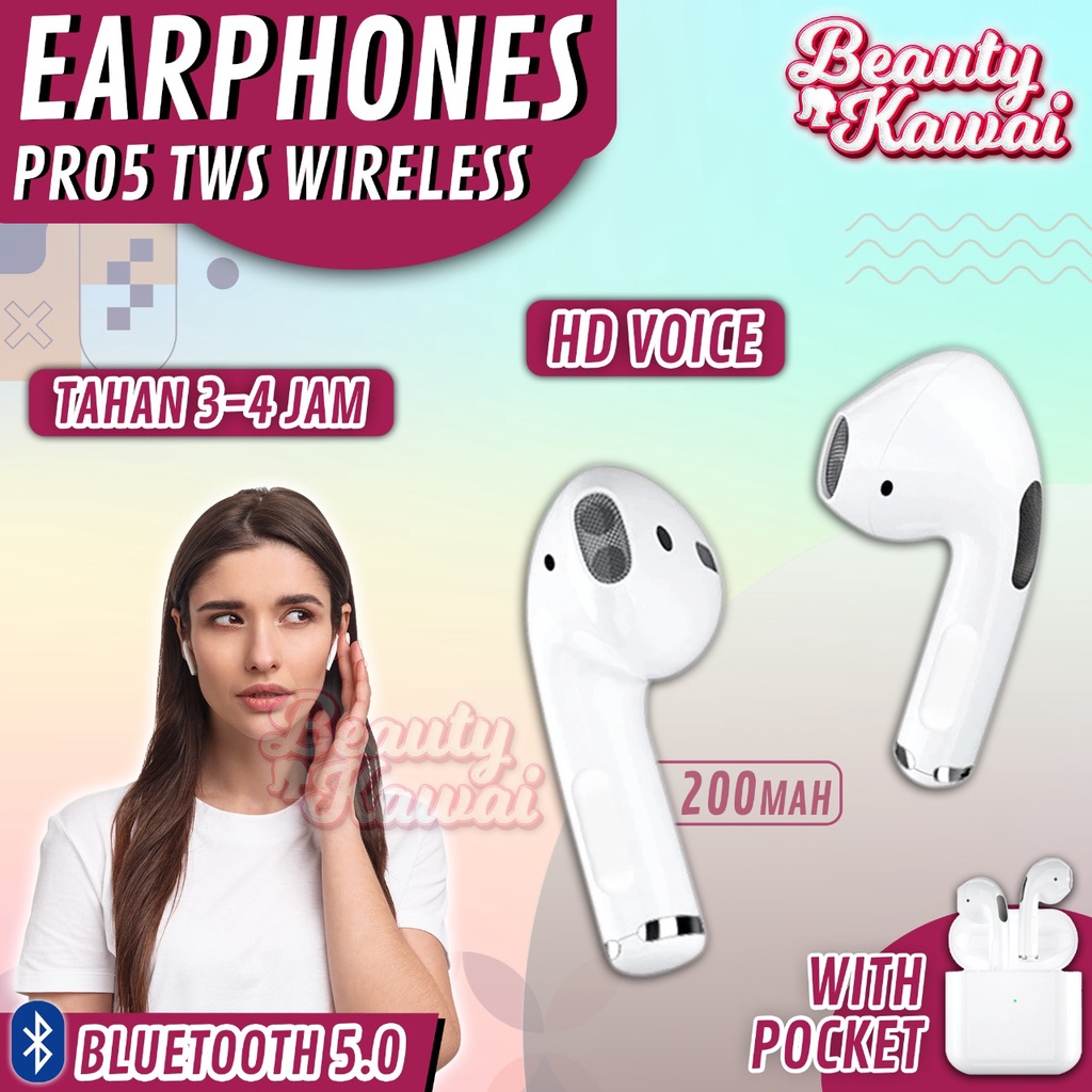 Earphone Bluetooth headset TWS Pro5 Wireless Murah Rechargeable