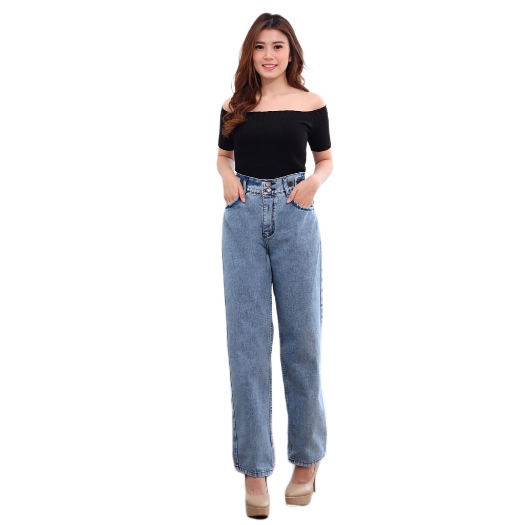 FWR - Highwaist Loose Jeans Pinggang Karet Korean Style