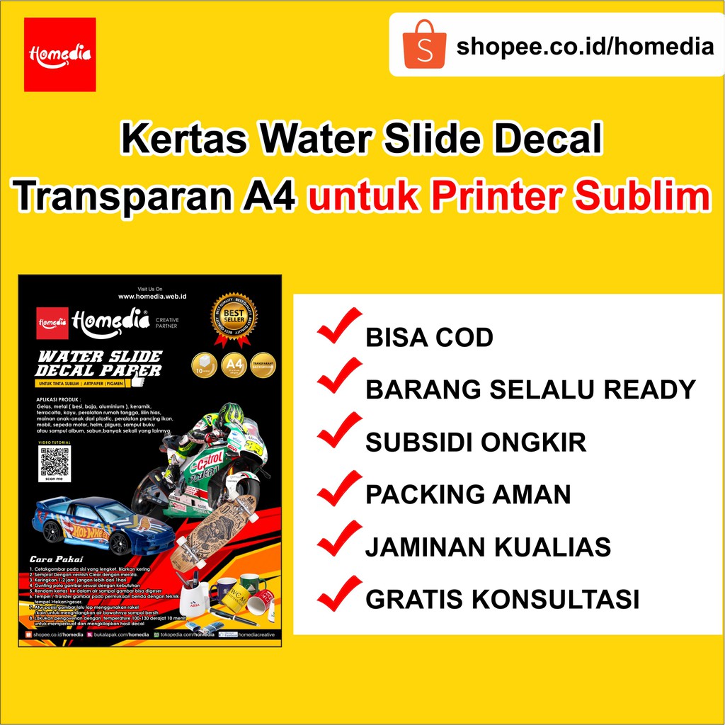

Kertas Water Slide Decal Transparan Ukuran A4 untuk PRINTER SUBLIM Homedia