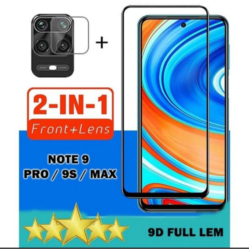 Tempered Glass Full Lem Xiaomi Redmi Note 9 Pro + Tg Camera Lensa 2 in