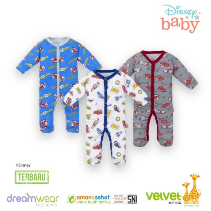 Velvet Dreamwear Disnay Baby car Baby Boy jumper Oblong/kancing depan tutup kaki isi3 PCS