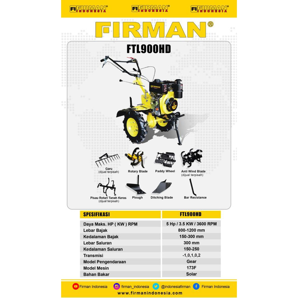 Firman FTL900HD / Mesin Traktor Mini / Mesin Bajak Mini FTL 900HD / Mini Tiller Firman FTL900HD Cultivator Mini