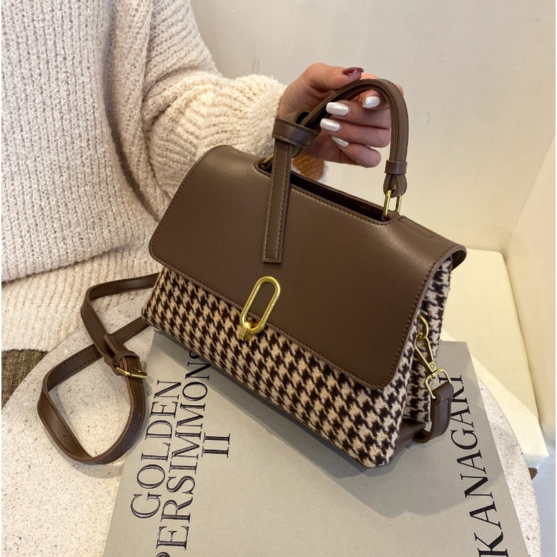 JK 962 1KG MUAT 2PCS TAS SELEMPANG WANITA FASHION IMPORT MOTIF HOUNDSTOOTH VINTAGE STYLE E6068