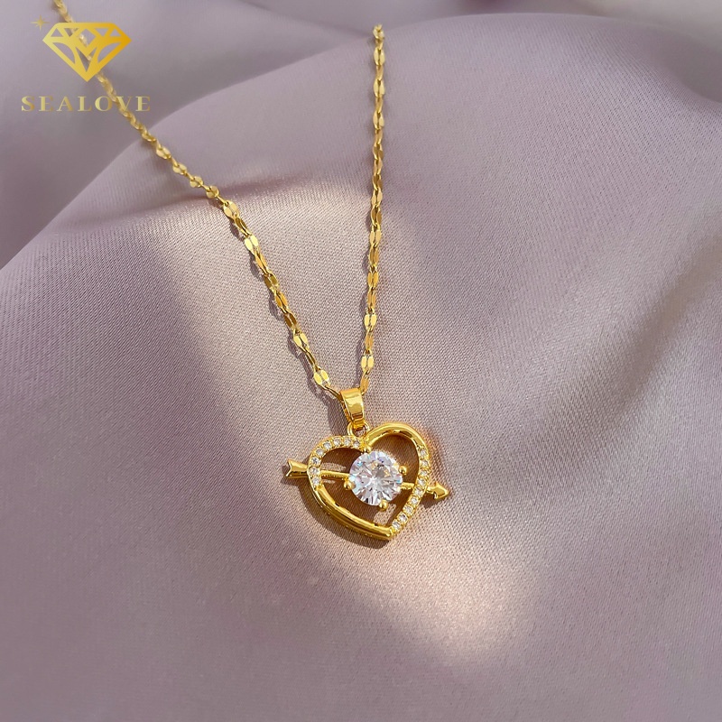 Kalung Titanium Hati cinta Berlian Kristal Emas 18k Wanita Anti Karat aksesoris mode korea grosir