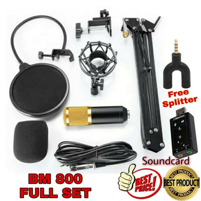 PAKET KUMPLIT MIC CONDENSER BM 800 + STAND + SOUNDCARD + SPLITTER - Hitam