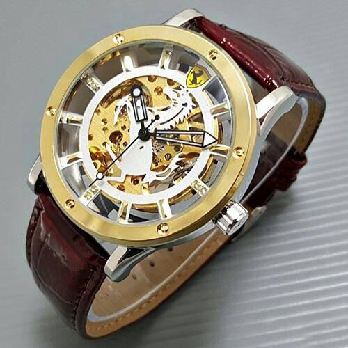 Jam Tangan Pria Cowok Ferrari Skeleton M2000 Leather Kulit Kombinasi plat White Mesin Automatic Ma