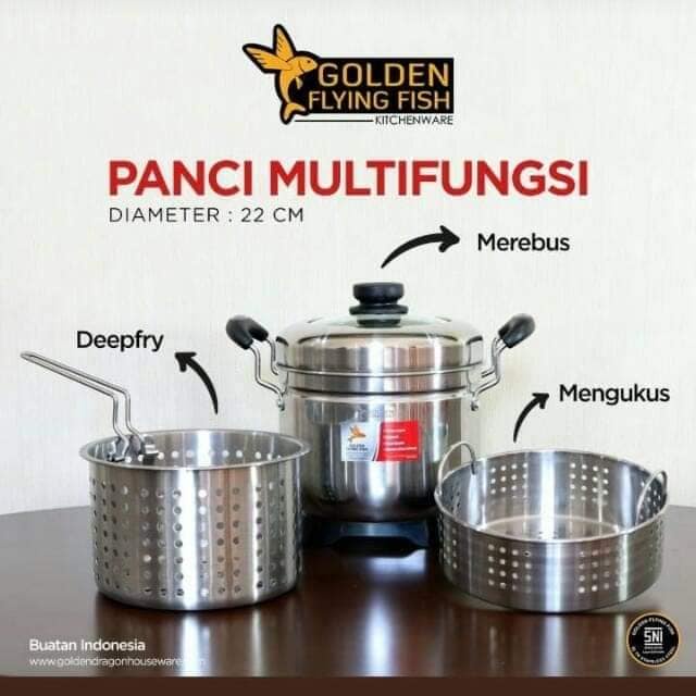 [BISA COD] Panci Set Serbaguna Golden Flying Fish Panci Stainless Steel Multifungsi 22 cm Dusdusan