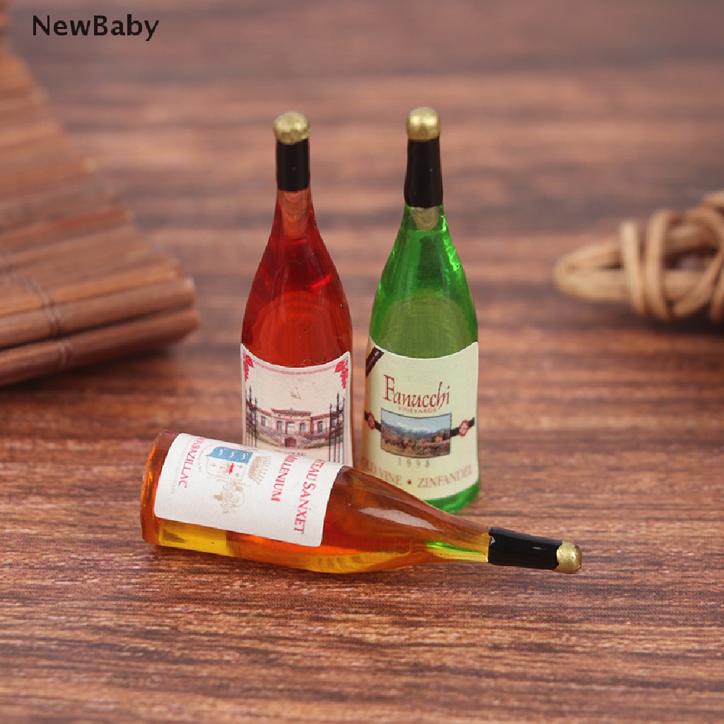 Newbaby 3pcs / set Mainan Miniatur Botol Wine Skala 1: 12 Untuk Dekorasi Rumah Boneka