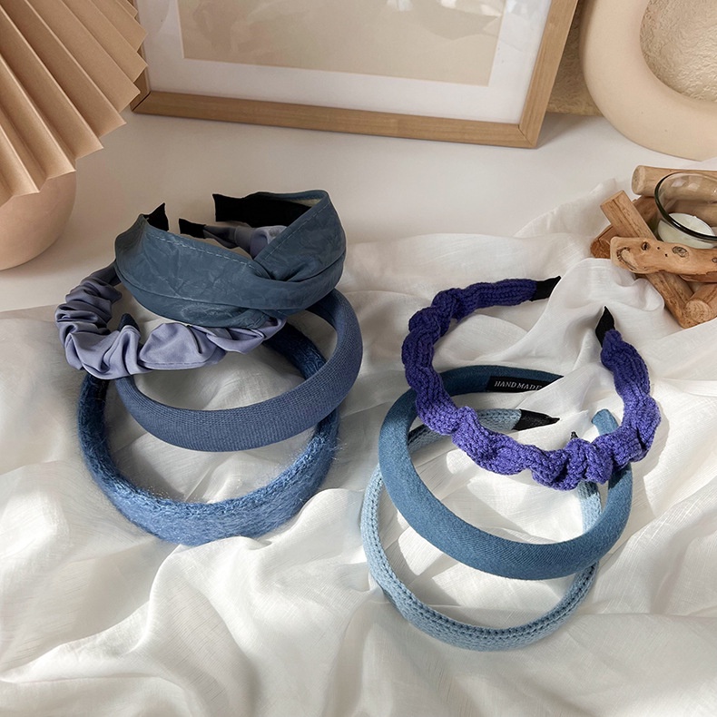 BANDO VARIASI BIRU 01 BANDANA BLUE COLLECTION HEADBAND HAIR BAND KOREA PADDED BENDO MOTIF GARIS BUNGA BULU LEMBUT LEBAR WIDE