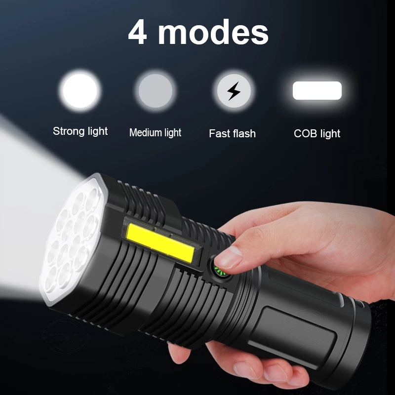 Lampu Senter 12 LED High Power Adjustable Anti Air Tahan Lama Dengan Port Charger USB