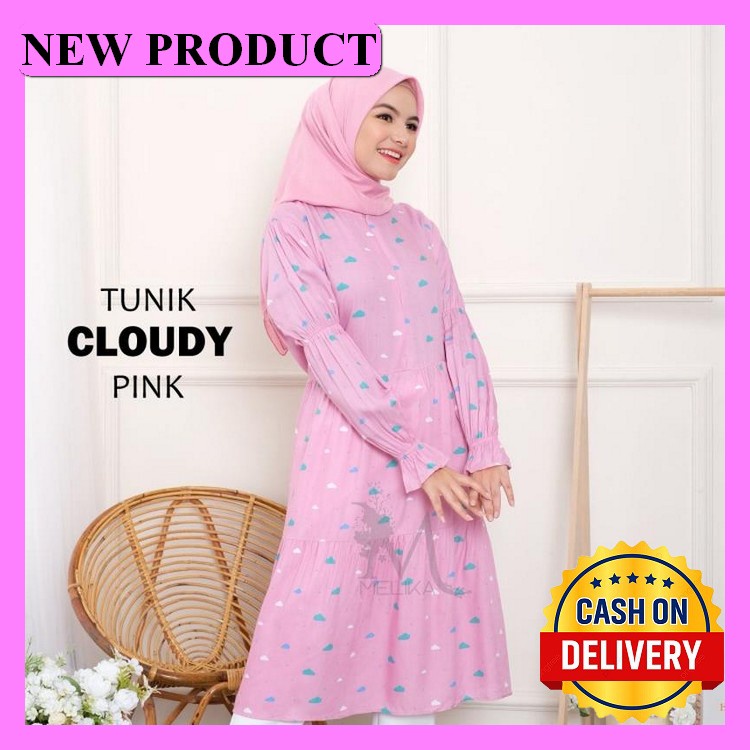 Long Tunik Rayon/Baju Tunik Motif Rantai/Tunik Model Terbaru Long Tuni Tunik Rayon Motif Cloudy Pink