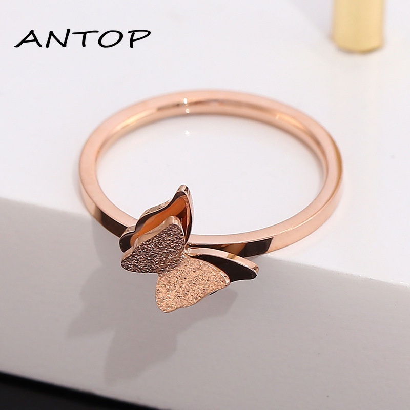 Korea Cincin Titanium Wanita Kupu Karat Lapis Emas Anti Karat Perhiasa Aksesoris Mode ANTOP