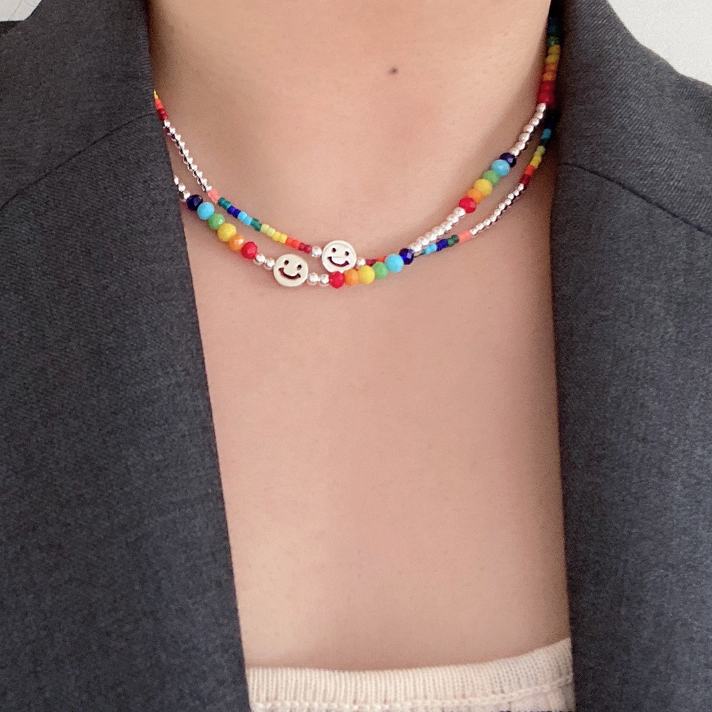 Kalung Rantai Klavikula Desain Smiley Warna Pelangi Untuk Aksesoris