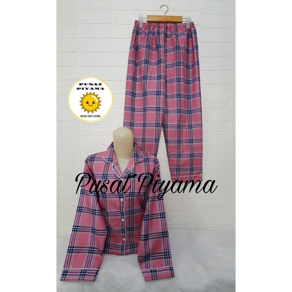 Setelan Lengan Pendek Piyama Baju Tidur Wanita Guilen Kotak Pajamas Cewek Dewasa Kekinian Abg-L OSLIN Panjng Pink