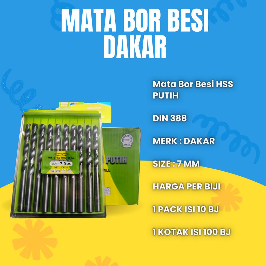 MATA BOR BESI PUTIH 7 MM HSS MERK DAKAR DIN 388 HARGA PER BIJI 7MM BAGUS