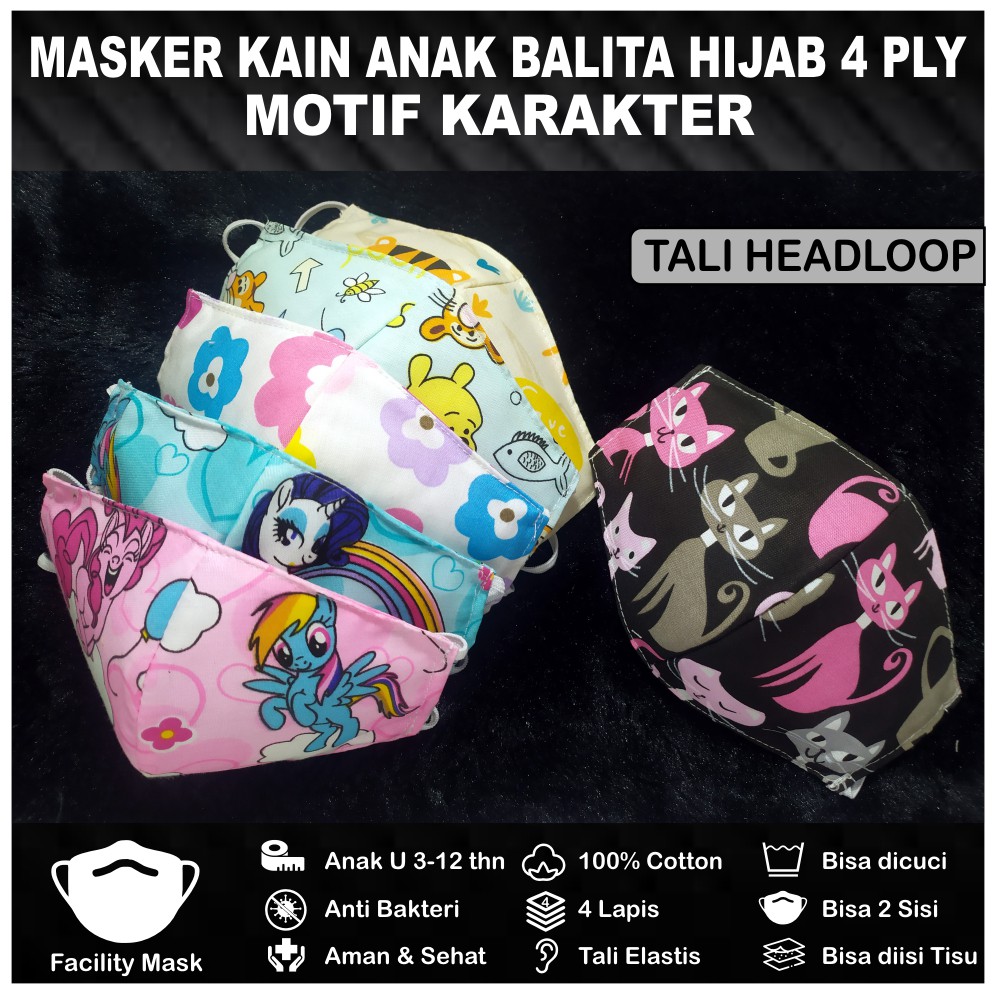 Masker Hijab Anak Balita 4 Ply Model uckbill Bisa diisi Tisu