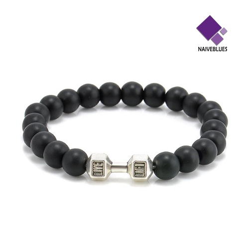 Naiveblue &gt; Gelang Tangan Unisex Dewasa Manik Batu Hitam Matte Adjustable Untuk Fitness / Gym