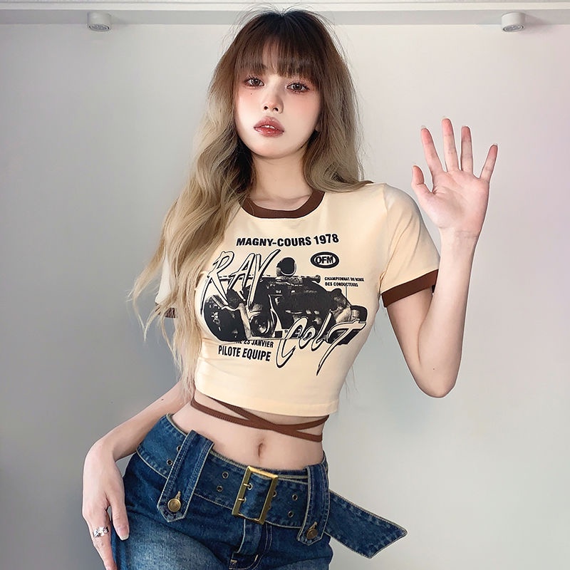 Prove kekinian atasan crop top American ins net red hot girl fun print slim T-shirt female niche design crop top baju import kaos wanita korean style