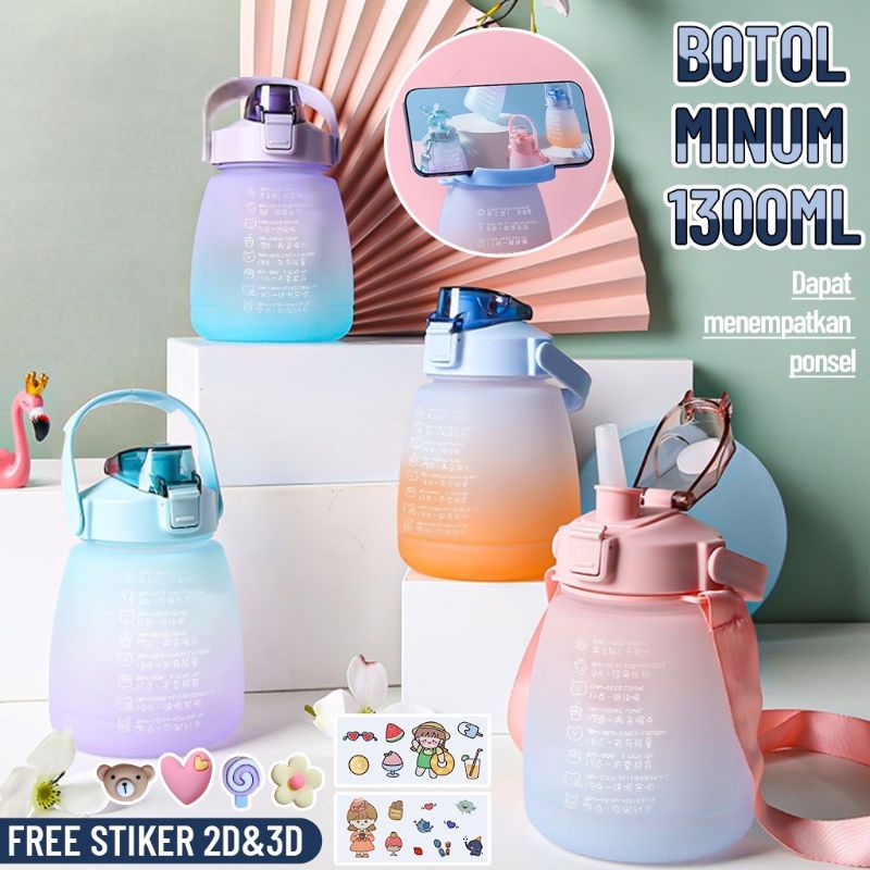 FREE Sticker] Botol Minum Pelangi Gemoy 1,3 Liter 1.3L (Botol Motivasi Warna Gradasi 1300mL)