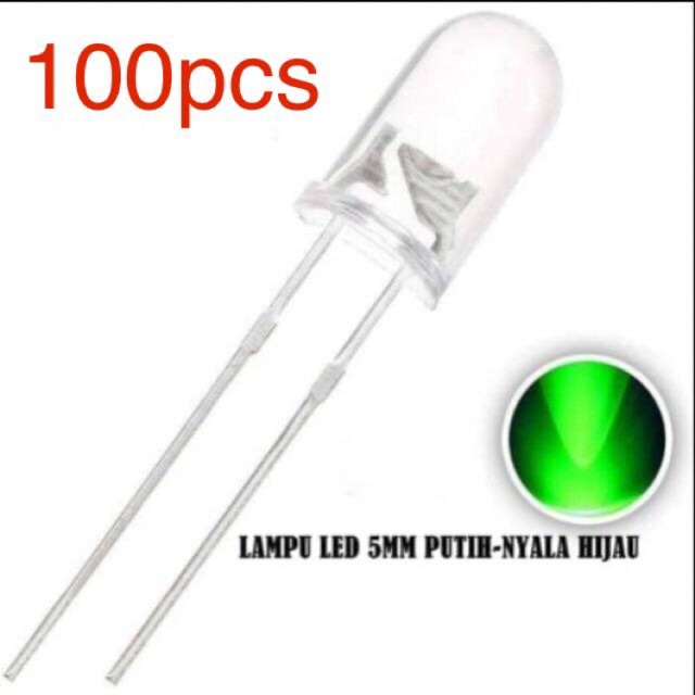 100Pcs LED 5mm Putih Nyala Hijau