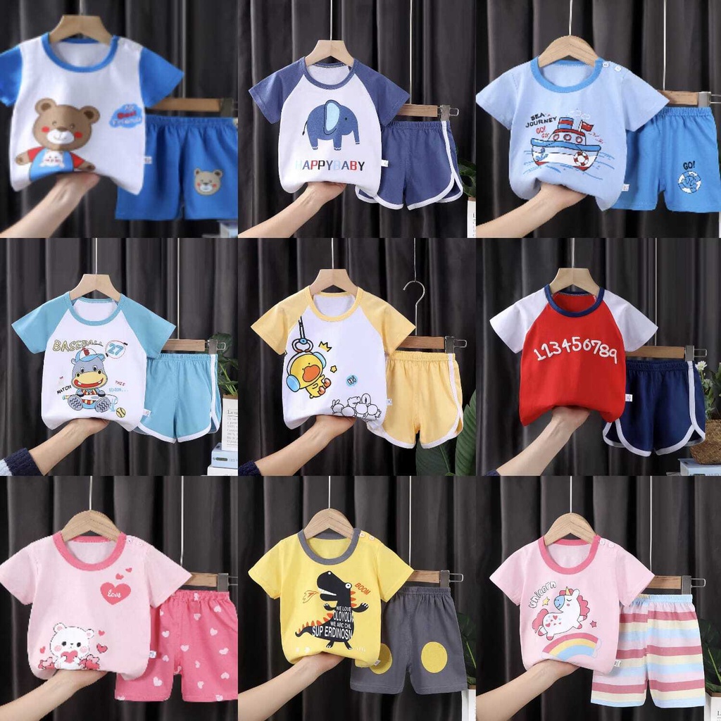 ( zwq ) PDK015-020 Baju Jumper Pendek Kaos + Celana Baju Anak Setelan Lengan Pendek, Setelan Anak 0-6 Tahun