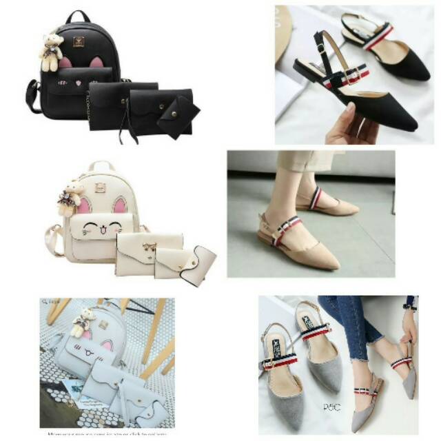 Paket sendal bustong tali gucci dan tas ransel kucing 3in1 wanita cewek cewe murah import branded tp