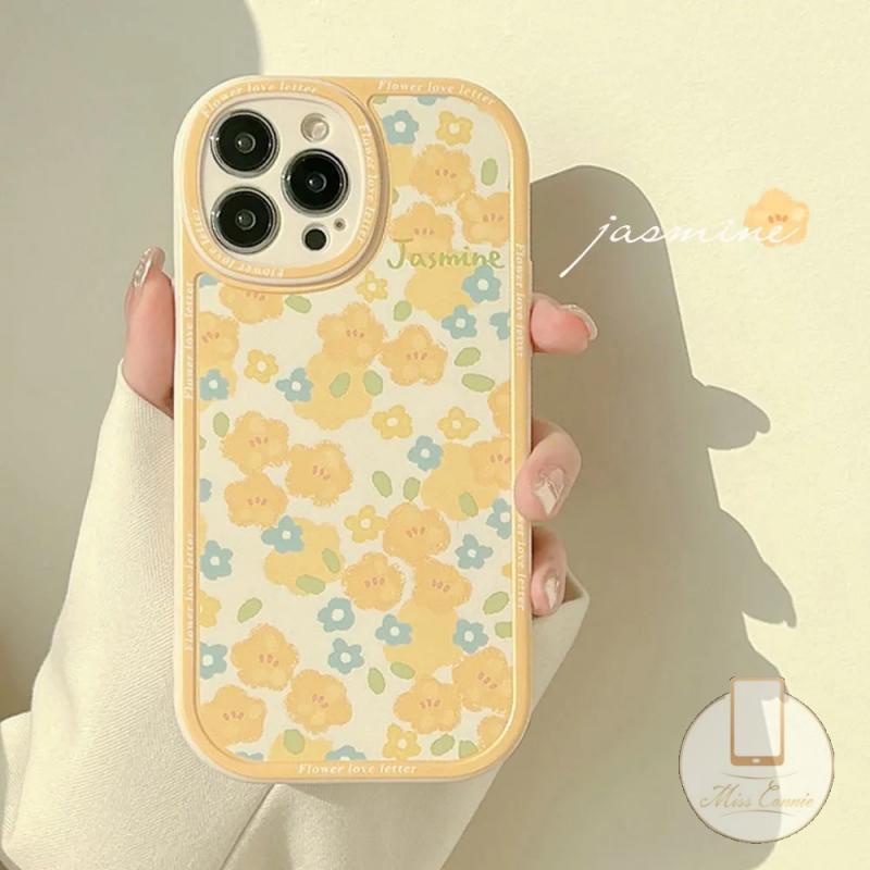 IPHONE Ins Fashion Retro Bunga Kuning Casing Ponsel Kompatibel Untuk Iphone11 7 8 Plus 12 13 11 14 Pro Max X XR XS Max 6 6s 7Plus 8Plus SE 2020 Plus Perlindungan Lensa Oval TPU Lembut Full Cover