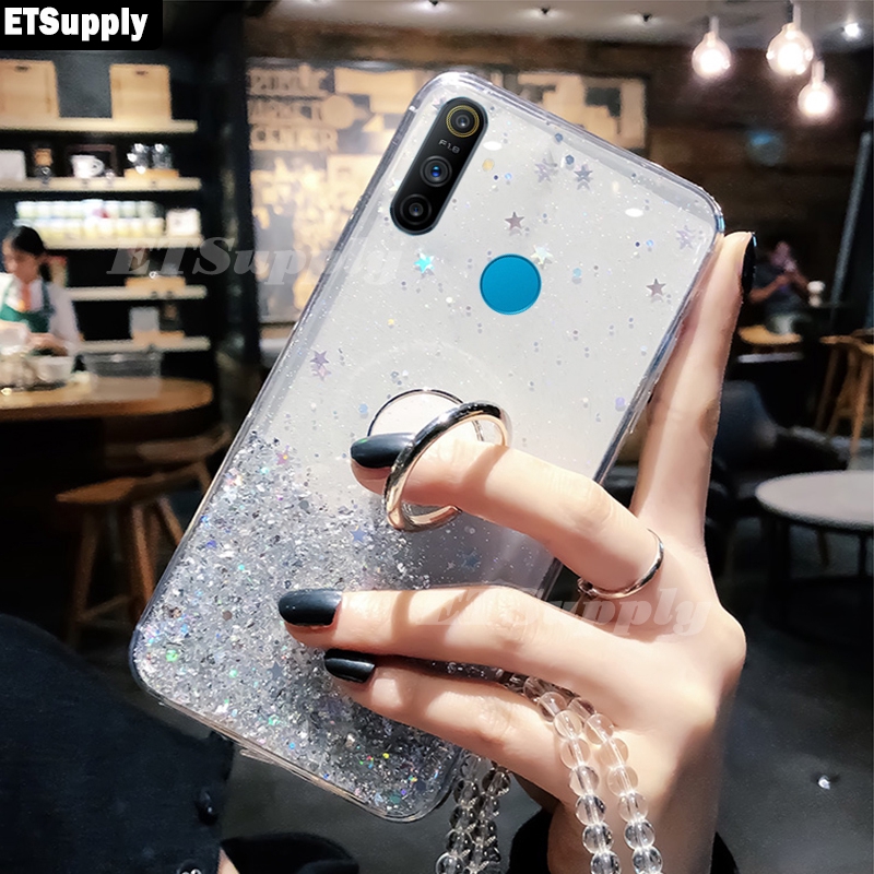 ETS untuk Samsung Galaxy M11 Shiny Glitter Ring Case Soft Transparan Holder Stand Casing dengan Stri