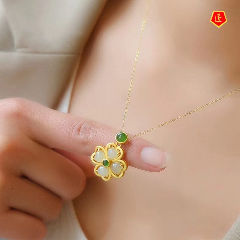 [Ready Stock]Silver Inlaid Hetian Jade Four-Leaf Clover Pendant Women's Light Luxury Refined Grace