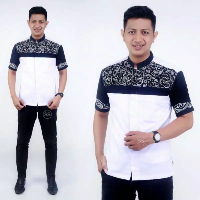 Baju Koko Terbaru 2021 - Baju Koko Pria Modern Lengan Pendek Casual Kombinasi Bordir