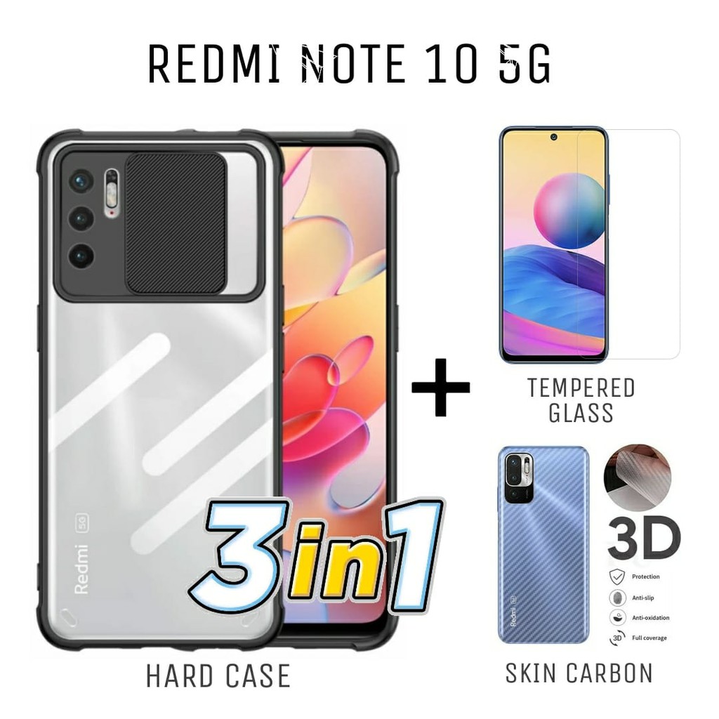 Case REDMI NOTE 10 5G Paket 3in1 Hard Case Fusion Shield Transparant Free Tempered Glass dan Garskin