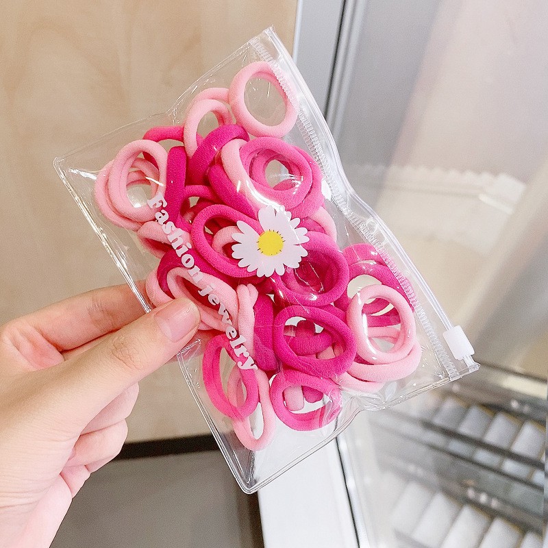 OVERFLOWS.ID 50 Pcs Tali Rambut Donut Dengan Pouch Bunga Daisy Import Ikat Rambut Set Import-Pink Daisy