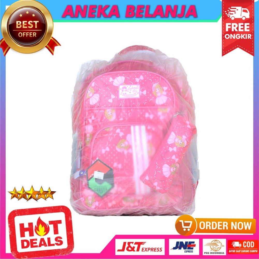 Tas Anak Sekolah Keren Ransel Cewek Cahaya Princess Strip Pink Gratis Tempat Pensil dan Raincover