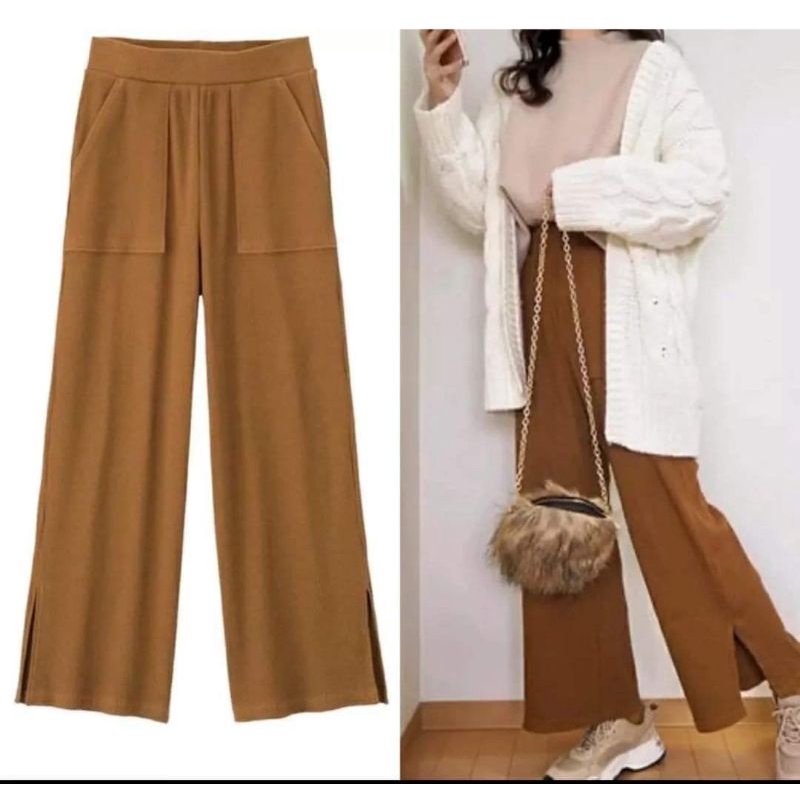 Celana Wanita Kulot Panjang Uniqlo GU Rib Slit Wide Long Pants Original Branded