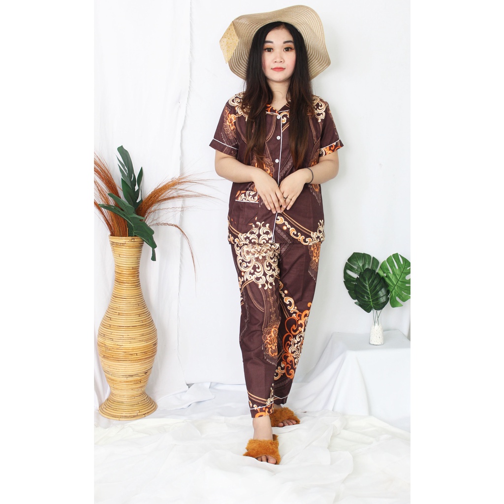 OKHISHOP - CP1 Piyama Pajamas CP Baju Tidur Piyama Wanita Dewasa Setelan CP Motif Trendy Karakter Kotak Guilen-CP Pattern Coklat