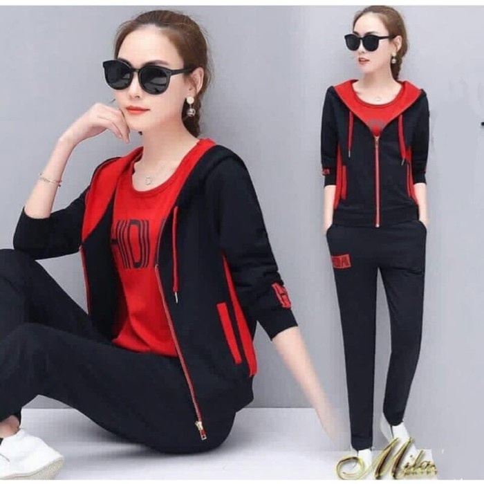 F506 Setelan St.HDA 2IN 1 RO Celana Training Wanita Outer Atasan Jaket Modis Babyterry Hitam