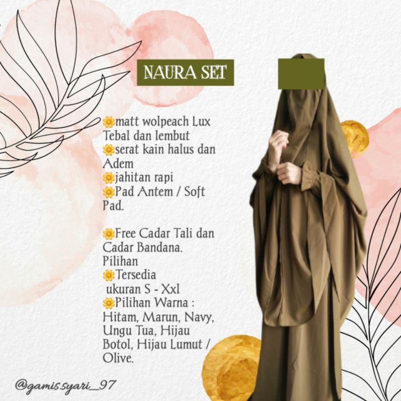 AMK_GAMIS SYARI Naura / Gamis Muslimah  Set Cadar dan Khimar Bahan Wolfis Lux